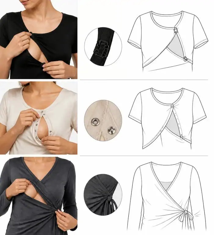 Schéma des différents systèmes d'ouverture pour chemise de nuit allaitement