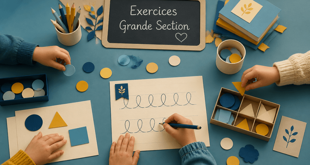 exercice grande section enfants manipulent jetons et formes