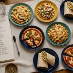 Menu famille semaine assiettes colorées plats variés