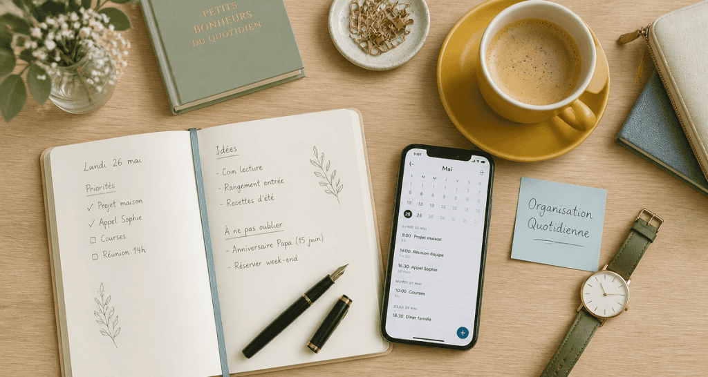 Organisation quotidienne sur bureau avec carnet et café