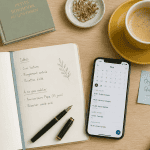 Organisation quotidienne sur bureau avec carnet et café