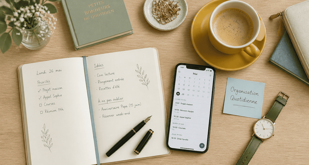 Organisation quotidienne sur bureau avec carnet et café