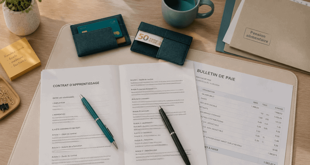 pension alimentaire et apprentissage, bureau et documents