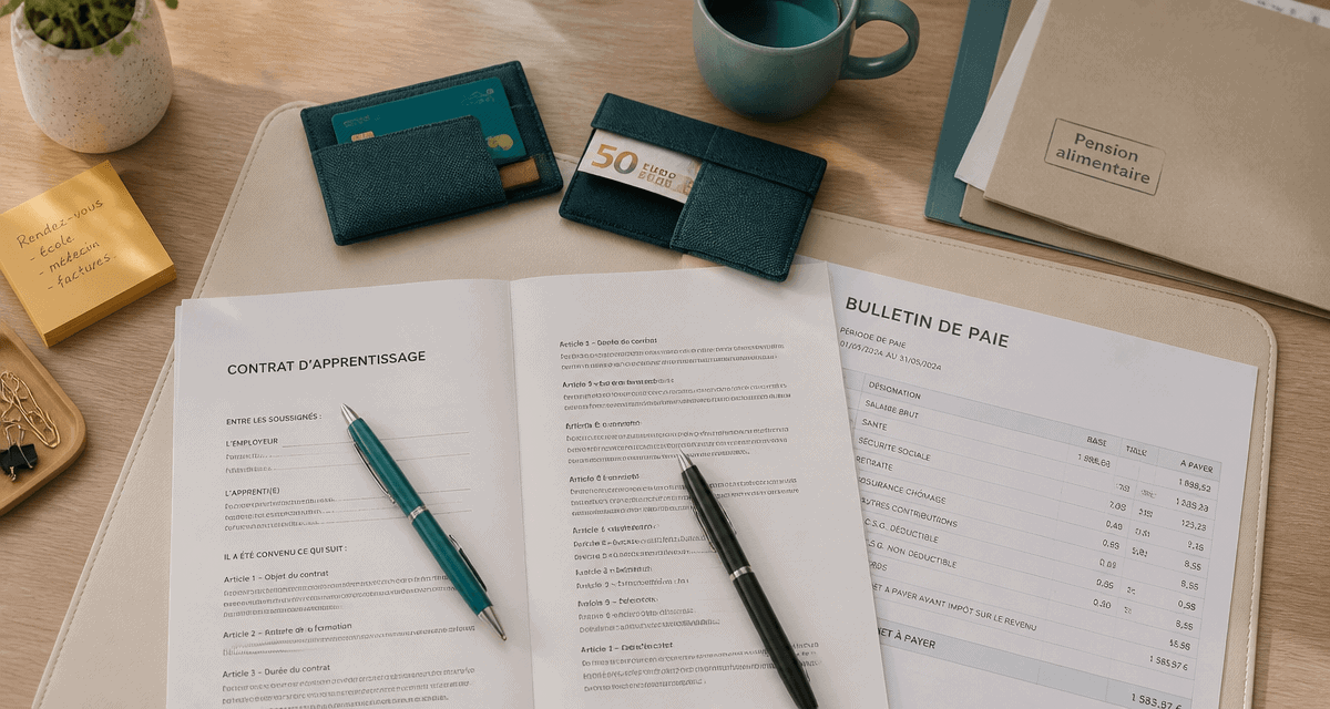 pension alimentaire et apprentissage, bureau et documents
