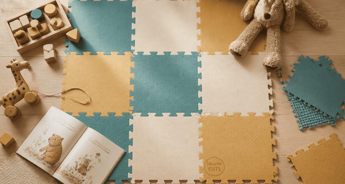 Puzzle tapis mousse assemblé avec jouets sur parquet