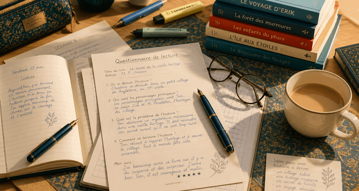 questionnaire de lecture sur bureau d'écolier
