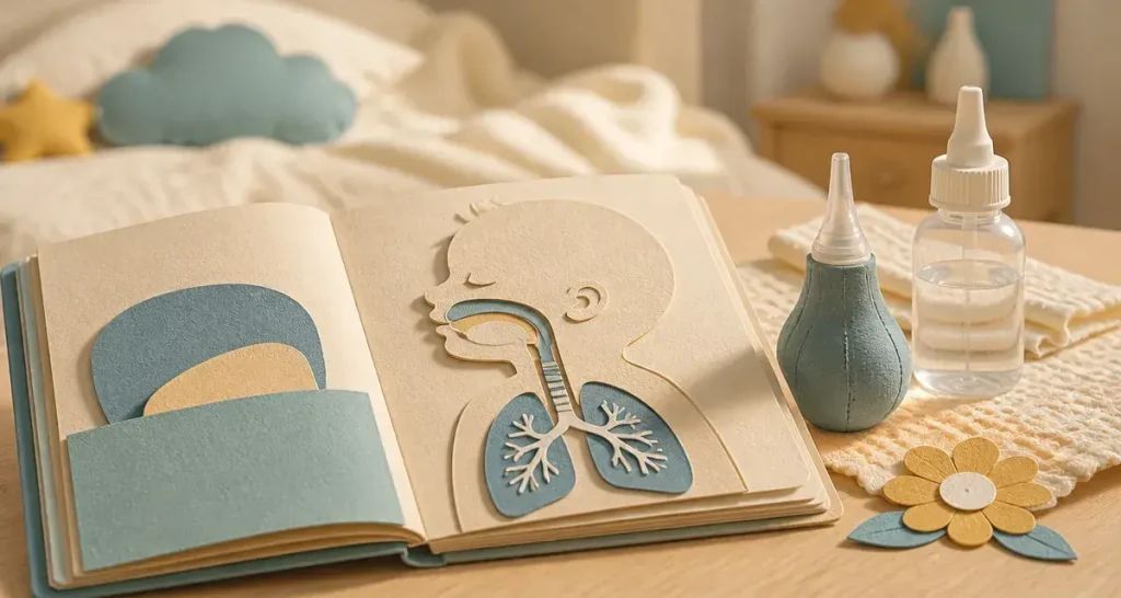 Bébé fait des bruits de gorge : schéma voies respiratoires et aspiration nasale