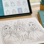 Coloriage à imprimer pdf fille : princesse et licorne à colorier