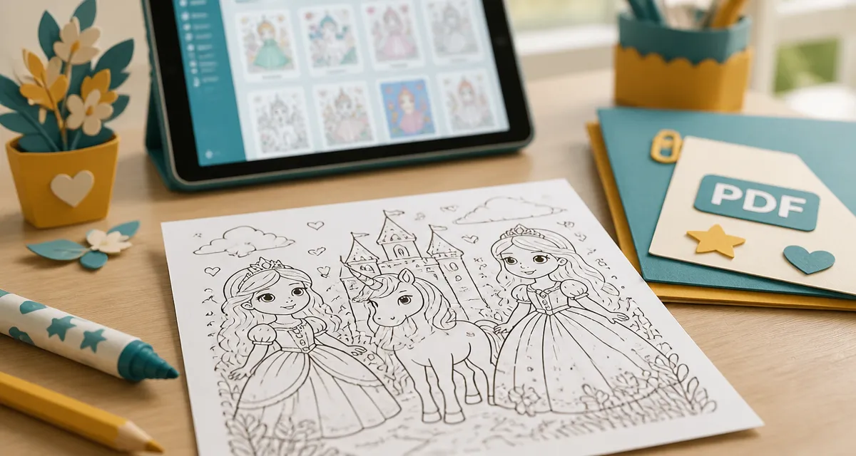 Coloriage à imprimer pdf fille : princesse et licorne à colorier