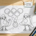 Coloriage jeux olympiques 2024 : Phryges, anneaux et médaille à imprimer