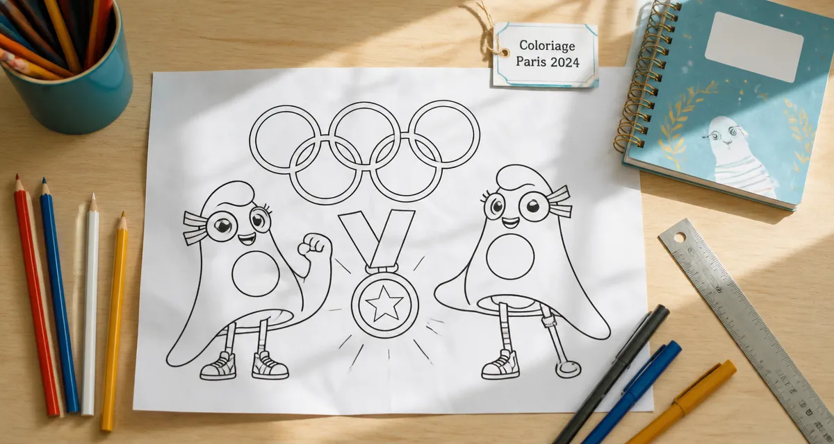 Coloriage jeux olympiques 2024 : Phryges, anneaux et médaille à imprimer