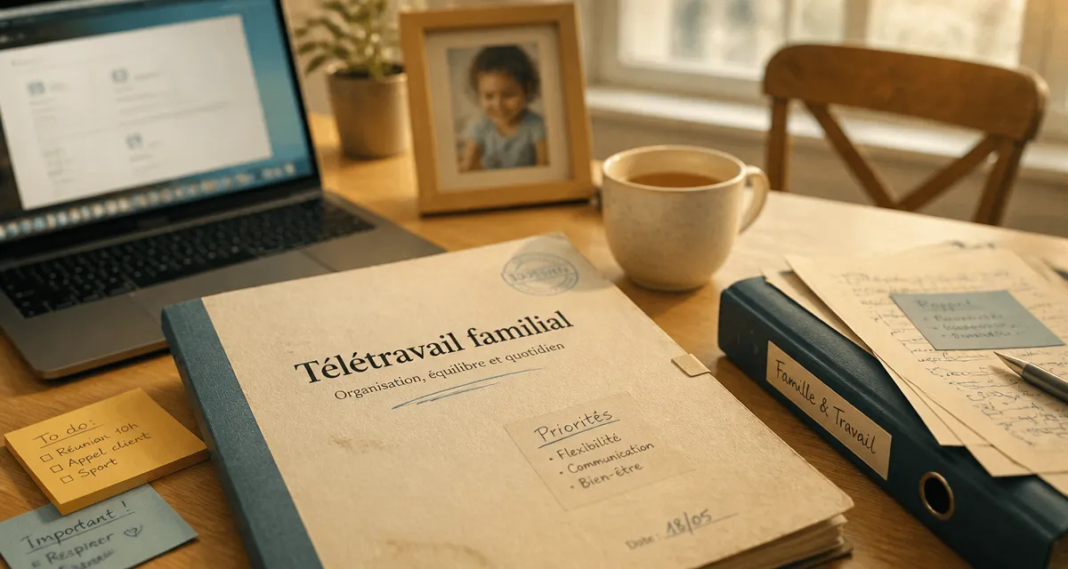 Demande de télétravail pour raison familiale : dossier sur bureau avec ordinateur et photo d’enfant