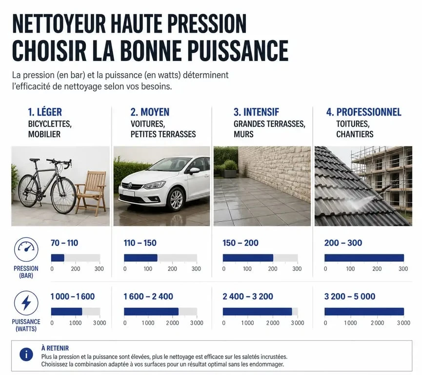 Tableau récapitulatif de la puissance recommandée pour un nettoyeur haute pression Karcher selon l'usage