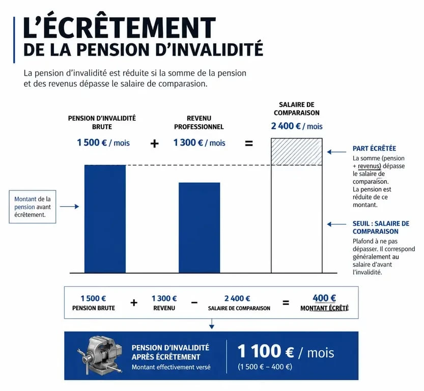 Infographie explicative du mécanisme d'écrêtement et du calcul de la pension d'invalidité catégorie 1