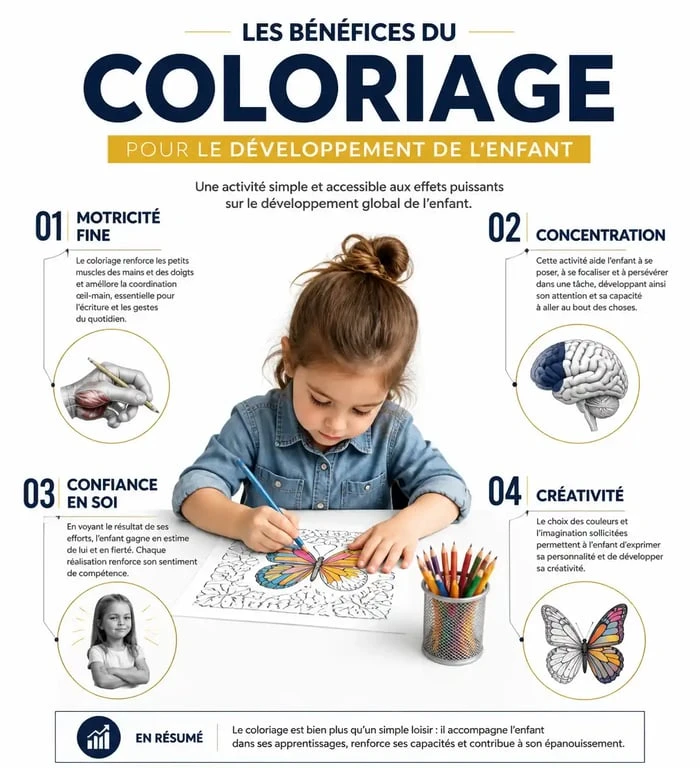 Infographie sur les bénéfices du coloriage à imprimer PDF fille pour le développement cognitif et moteur