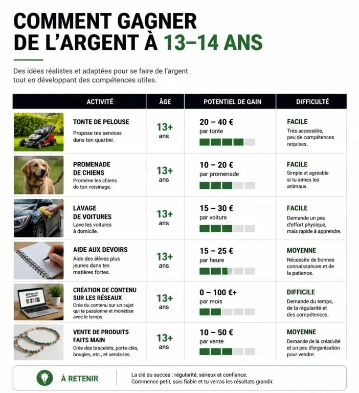 Infographie comparative des méthodes pour gagner de l'argent à 13 14 ans
