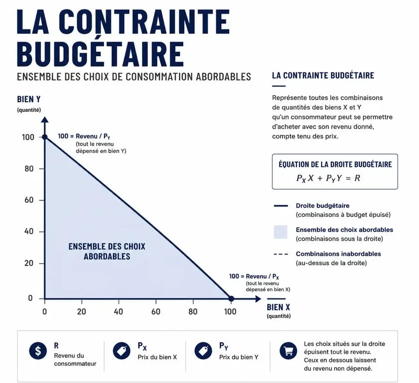 Schéma illustrant la droite de budget et la contrainte budgétaire en économie