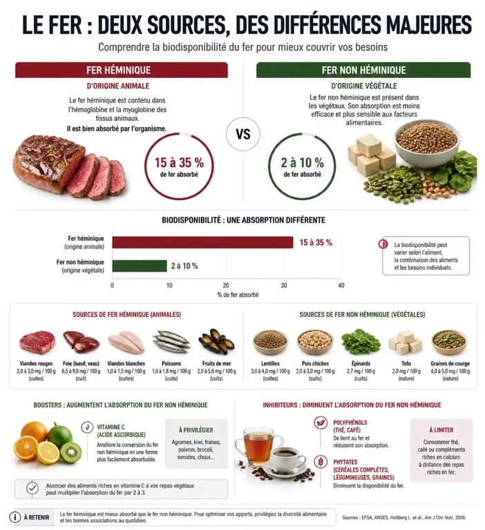 Infographie des aliments riches en fer et conseils pour optimiser l'absorption