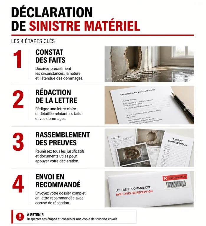 Infographie des étapes pour une déclaration de dommage matériel réussie auprès de son assurance