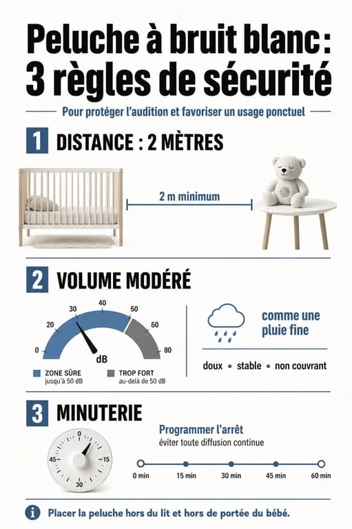 Infographie des règles de sécurité pour l'utilisation d'une peluche à bruit blanc et avis pédiatre
