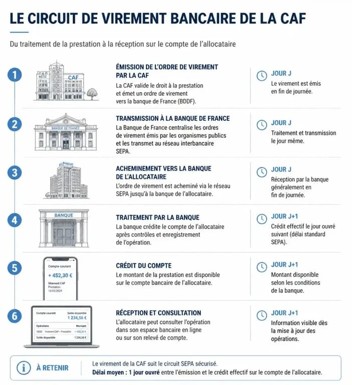 Schéma du processus de paiement CAF et délais de virement bancaire pour le paiement caf toujours pas affiché