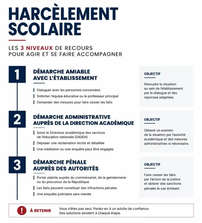 Infographie des démarches officielles contre le harcèlement scolaire