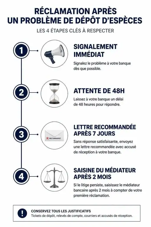 Infographie des étapes de réclamation pour un problème de dépôt d'espèces à la Caisse d'Épargne