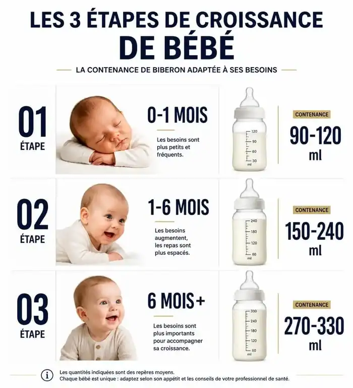 Tableau récapitulatif des tailles de biberons à acheter selon l'âge de bébé pour bien s'équiper.