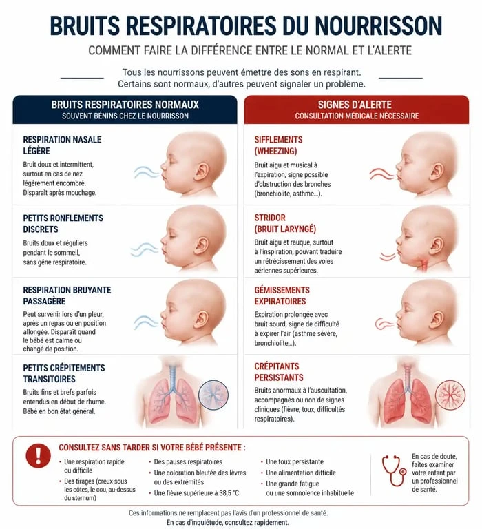 Infographie des signes d'alerte pour un bébé qui grogne et racle la gorge