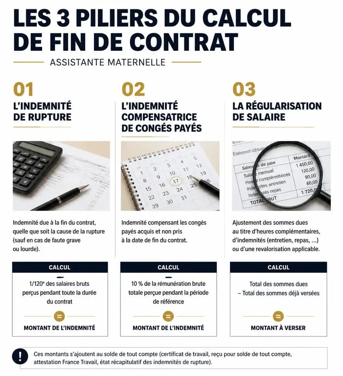 Infographie des trois piliers pour la simulation fin de contrat assmat