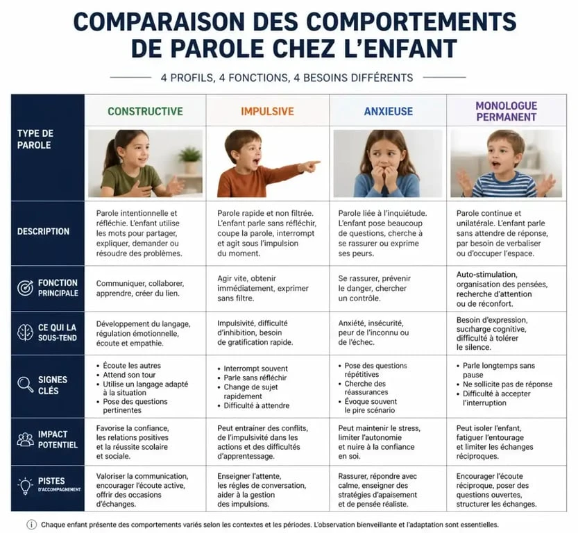 Tableau comparatif des comportements d'un enfant qui parle tout le temps pour aider les parents à identifier les signes.