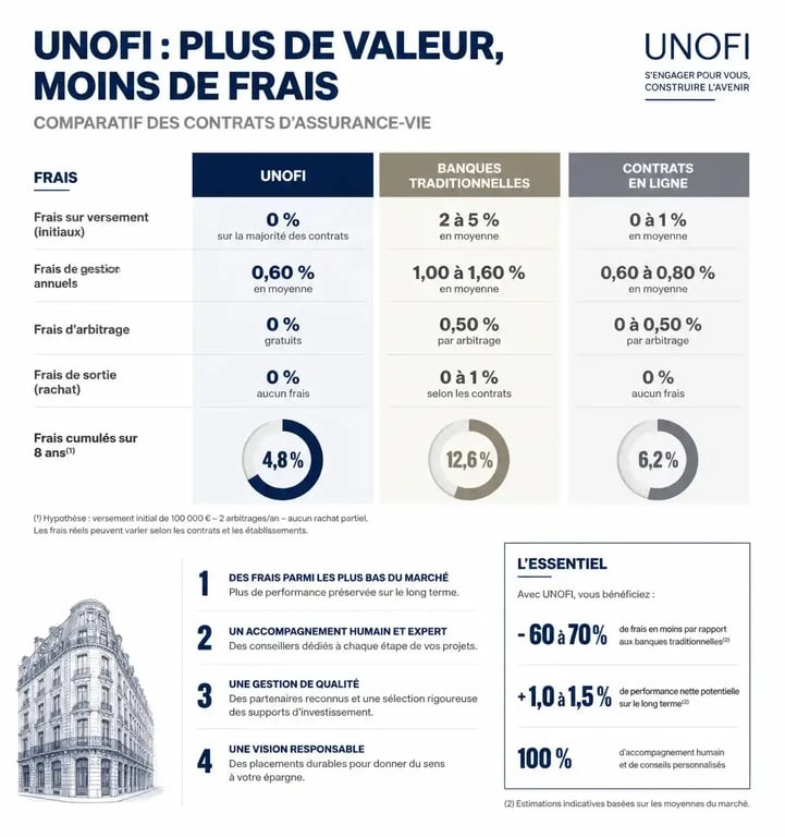 Comparatif des frais et avantages des produits financiers UNOFI face aux banques et contrats en ligne