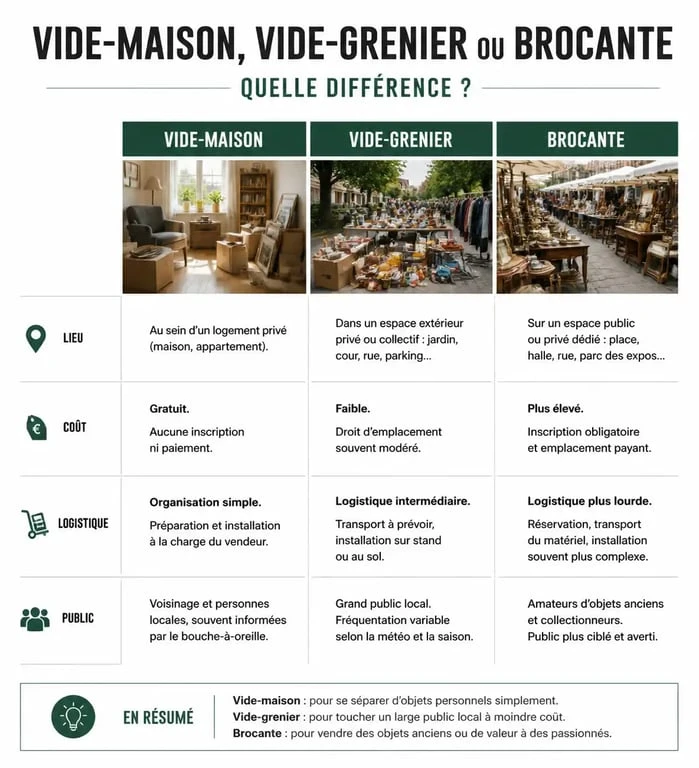 Tableau comparatif des différences entre vide-maison, vide-grenier et brocante dans les Landes pour organiser sa vente.