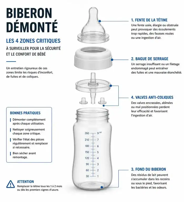 Schéma des zones critiques à nettoyer sur un biberon pour éviter les conséquences d'un biberon mal lavé