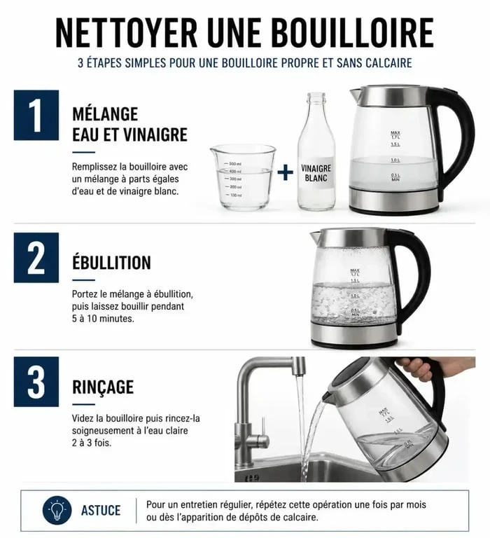 Infographie montrant les étapes pour nettoyer une bouilloire efficacement