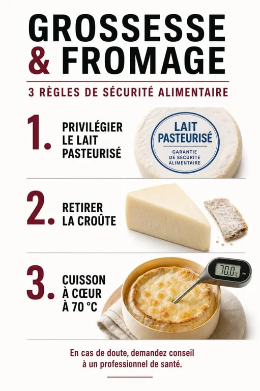 Infographie sur les règles de sécurité pour consommer du fromage et de la tartiflette enceinte