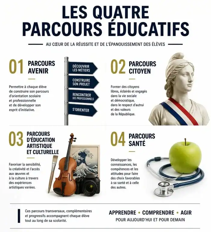 Infographie des quatre parcours éducatifs : Avenir, Citoyen, PEAC et Santé