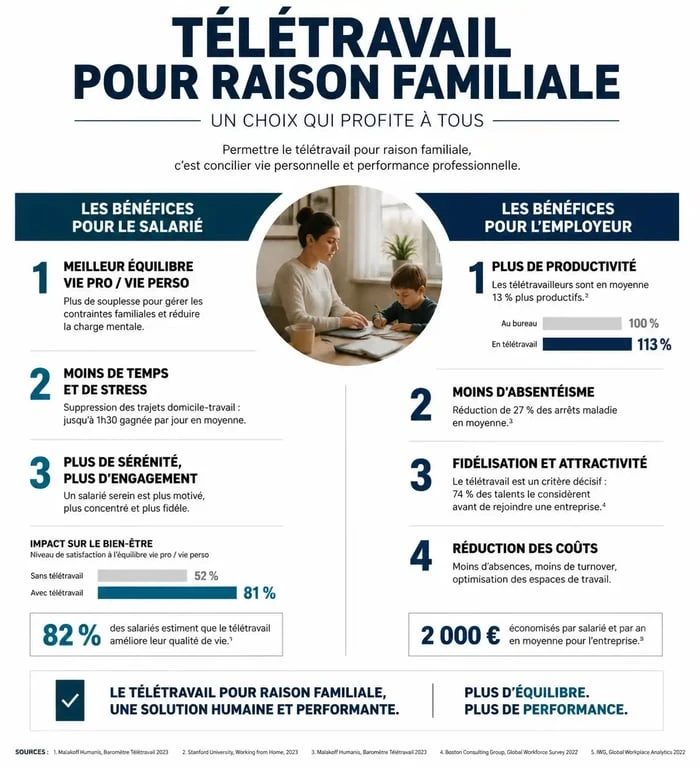 Infographie des arguments pour une demande de télétravail pour raison familiale et bénéfices pour l'employeur