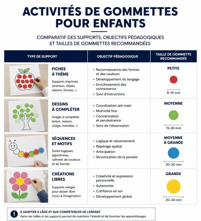 Tableau comparatif des activités gommette à imprimer pour enfants : objectifs pédagogiques et tailles de gommettes