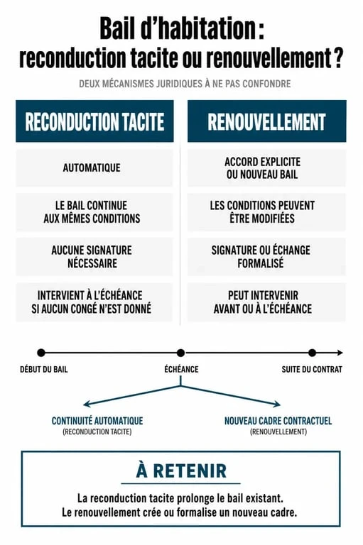 Tableau comparatif entre la reconduction tacite et le renouvellement d'un bail de 3 ans