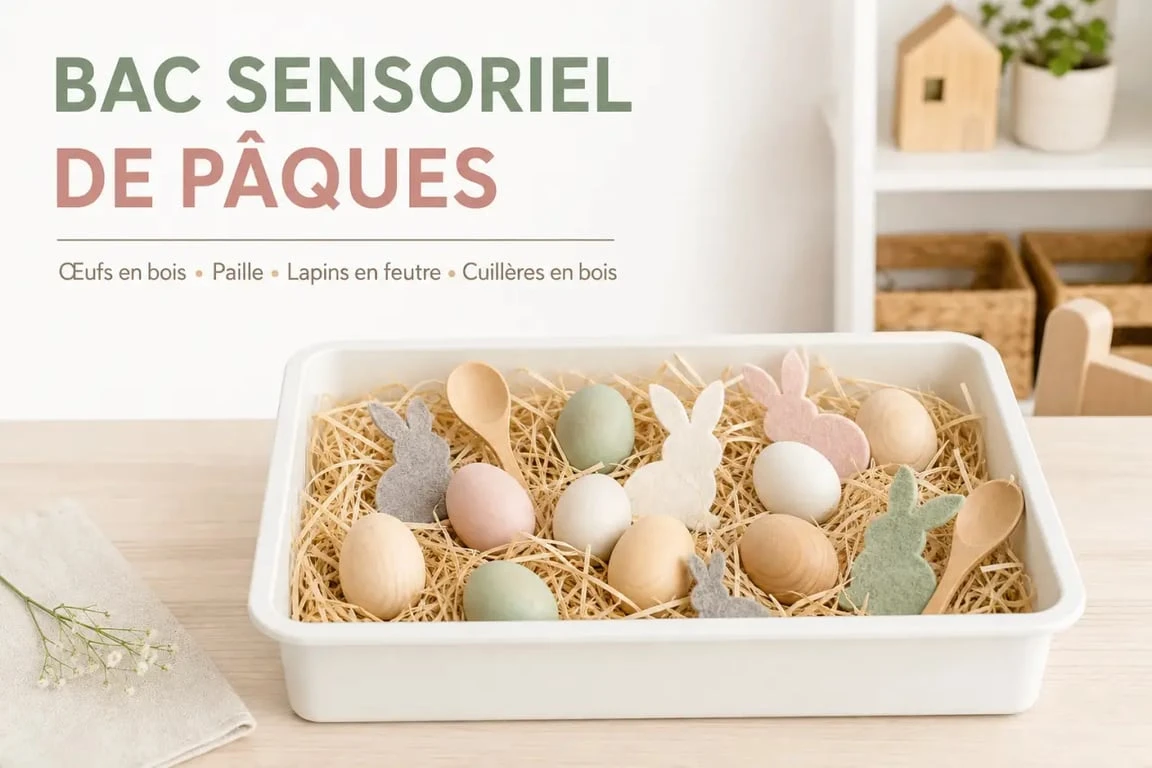 Bac sensoriel de Pâques pour activité en crèche avec œufs en bois et paille