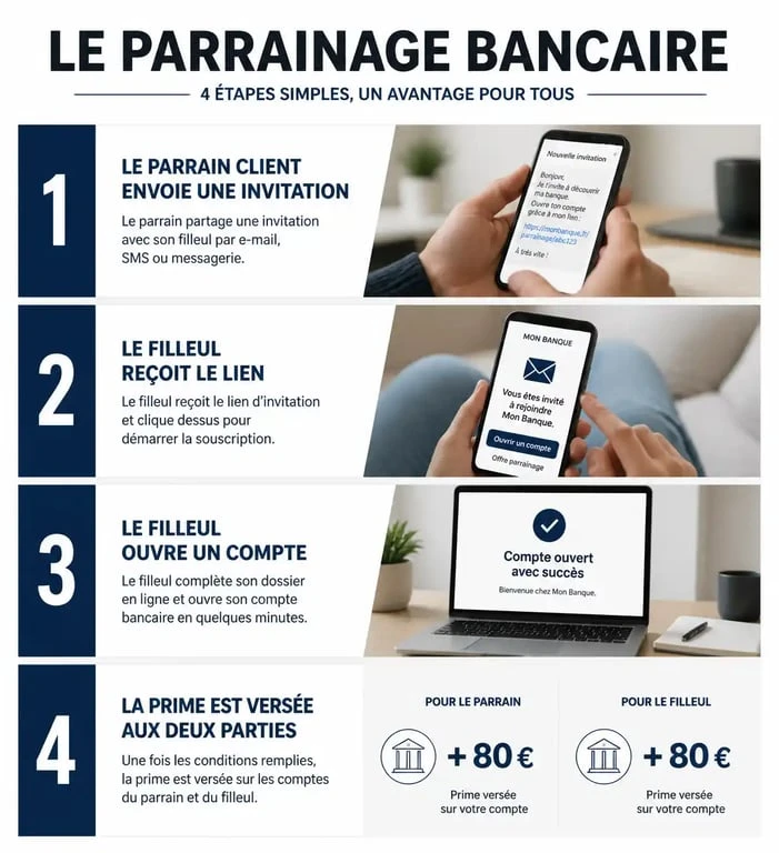 Schéma explicatif des étapes du programme de parrainage Crédit Mutuel pour les clients