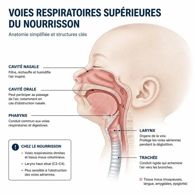Schéma anatomique des voies respiratoires d'un nourrisson expliquant les bruits de gorge