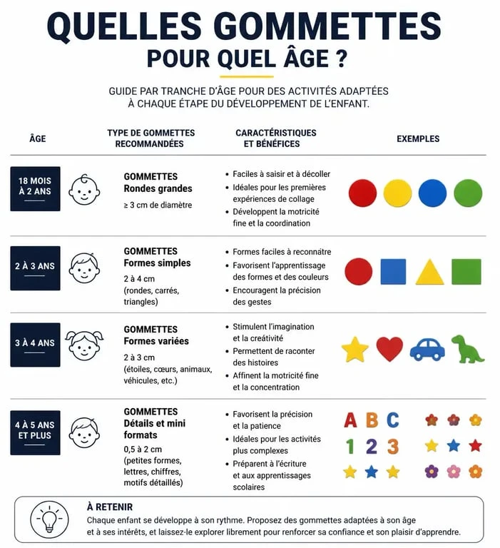Tableau récapitulatif des types de gommettes à imprimer par âge pour le développement de la motricité fine des enfants.