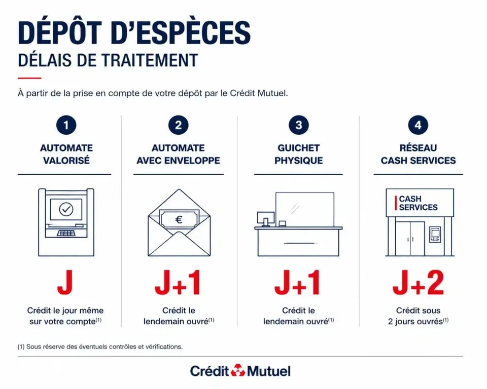 Infographie des délais de dépôt d'espèces au Crédit Mutuel selon la méthode utilisée