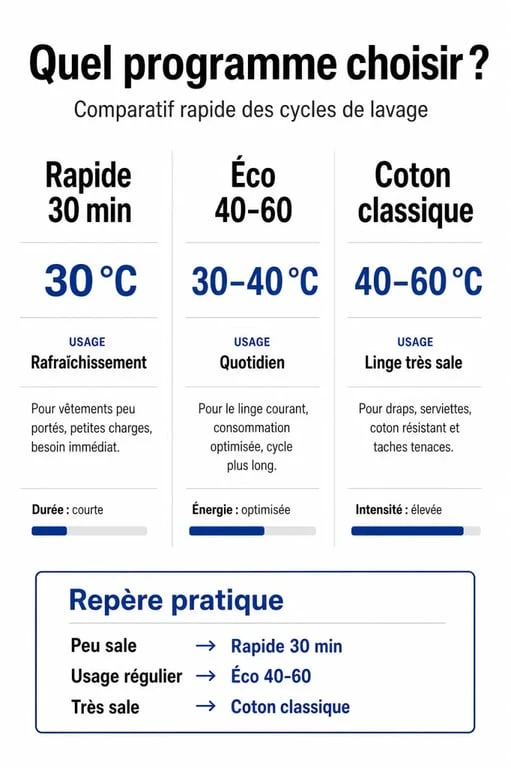 Tableau comparatif des programmes de lavage : température et usage pour le lavage rapide 30 minutes par rapport aux cycles classiques.