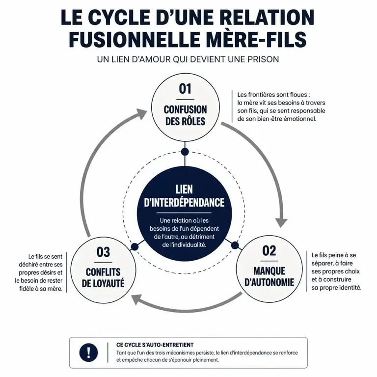 Infographie illustrant les conséquences d'une relation fusionnelle mère-fils sur l'autonomie et les relations amoureuses