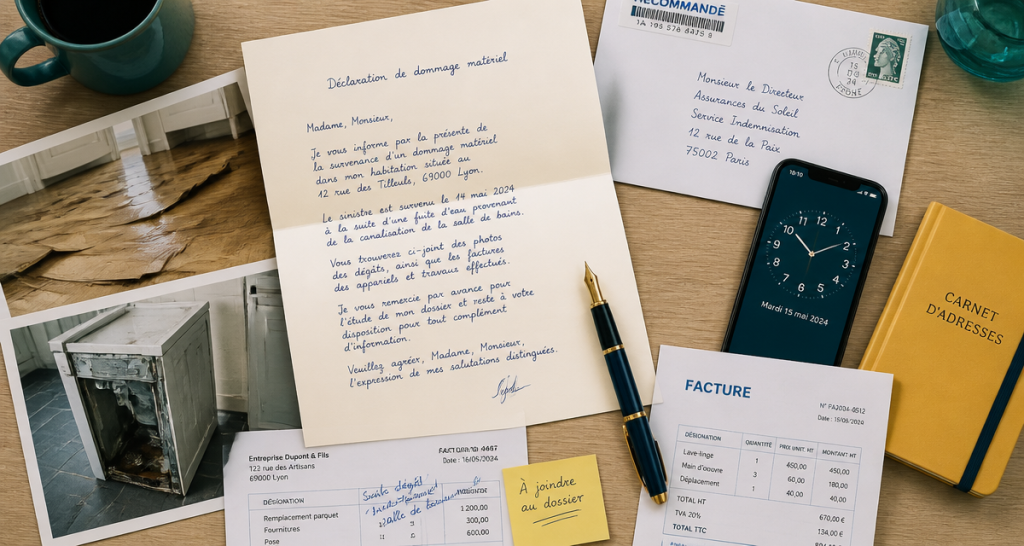 modèle de lettre déclaration de dommage matériel sur bureau avec photos et factures