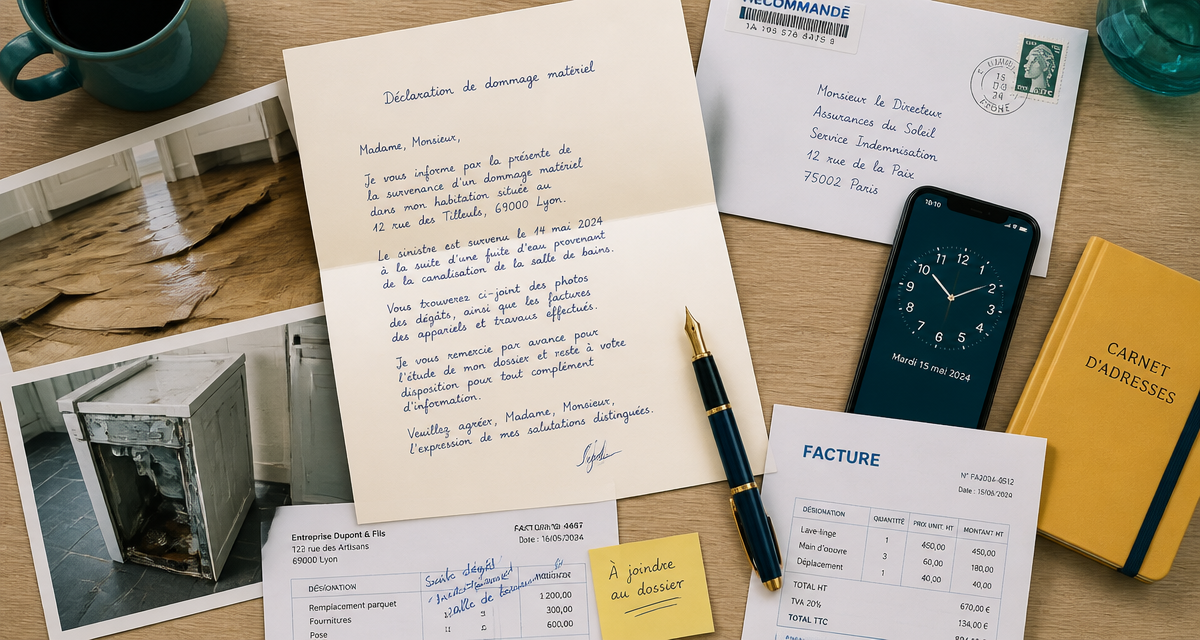modèle de lettre déclaration de dommage matériel sur bureau avec photos et factures