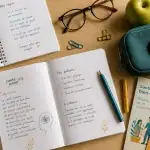vue flat-lay bureau élève parcours éducatif